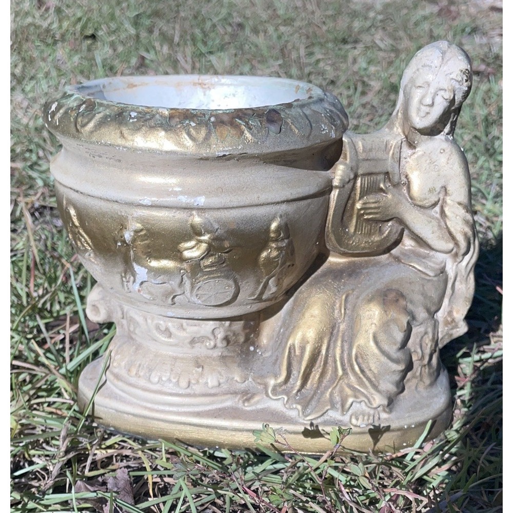 MCM Goddess With Harp Planter Roman Style Gold Colored Finish Heavy